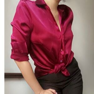 Sexy silky long sleeve button up blouse